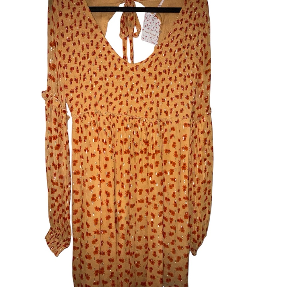 Free People Long Sleeve smocked open back orange 🍊 Floral Dress - Picture 2 of 11